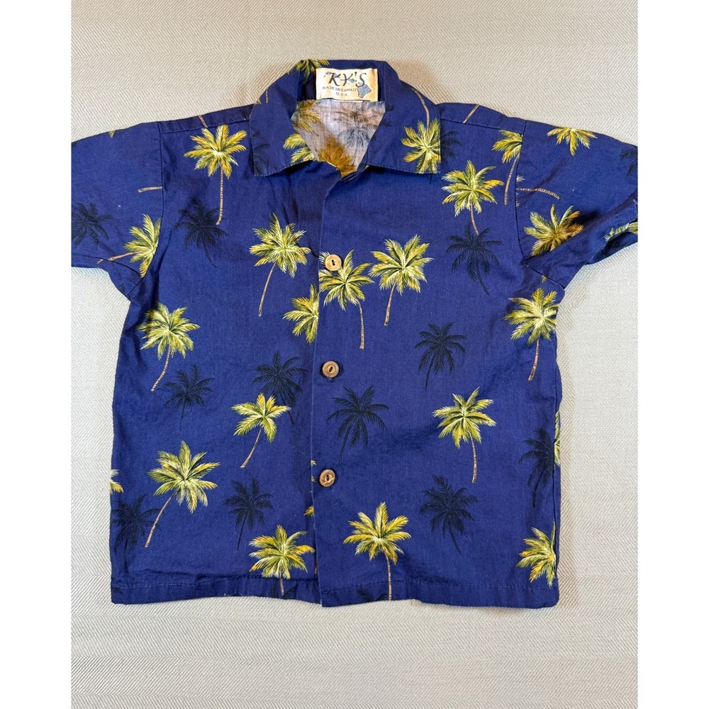 KY'S Made in Hawaii Boys Blue Palm Tree Tropical Button Down Shirt Kids 1524